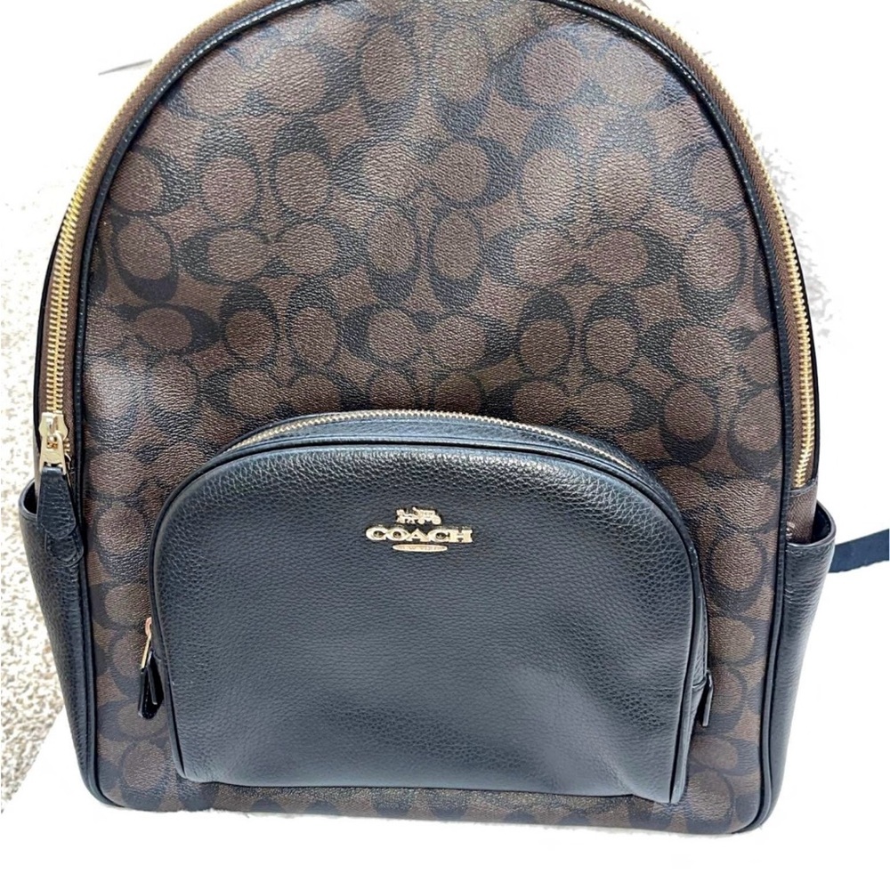 COACH Large Court Backpack In Signature Canvas Brown Black Leather Bag